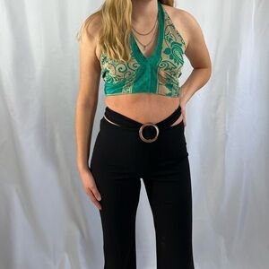 Cut-out pull on slight flare stretch dress pants
